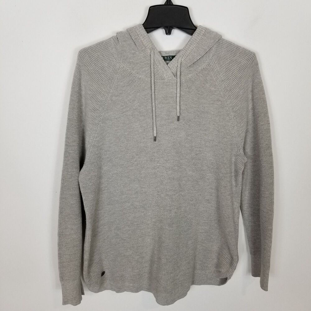 Lauren Ralph Lauren Women's Waffle Knit Hoodie Sz‎ XL Gray Cotton Blend Logo